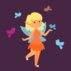 Fairy princess girl vector character cute beautiful style cartoon little fairyland fashion costume magic fantasy dress fairytale crown kid.