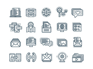 Communication. Social media. Online chatting. Phone call, app messenger. Mobile,smartphone. Computing.Email. Thin line black web icon set. Outline icons collection. Vector illustration.