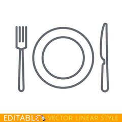 Dish, fork, knife line icon, outline vector sign, linear style pictogram isolated on white. Food symbol, logo illustration. Editable stroke. Pixel perfect vector graphics