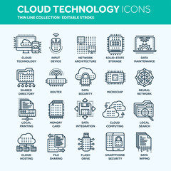 Obraz premium Cloud computing. Internet technology. Online services. Data, information security. Connection. Thin line web icon set. Outline icons collection.Vector illustration.