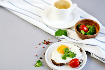 Morning Coffee White Cup Beverage Orange Juice Sandwich with Tasty Fried Egg Served on a Wooden Tray Parsley Pepper Tomato Cherry Grey Background Healthy Food Concept Vegetarian Modern Lifestyle 