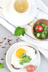 Morning Coffee White Cup Beverage Orange Juice Sandwich with Tasty Fried Egg Served on a Wooden Tray Parsley Pepper Tomato Cherry Grey Background Healthy Food Concept Vegetarian Modern Lifestyle 
