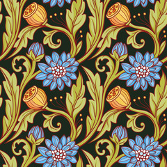 floral pattern. Blue and green, black background. Composition 1.