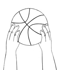 Hands hold basketball ball. Hand drawn sketch. Black line on white background