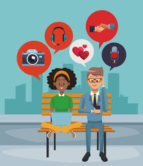 Young couple using smartphone at city vector illustration graphic design