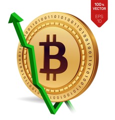 Bitcoin. Growth. Green arrow up. Bitcoin index rating go up on exchange market. Crypto currency. 3D isometric Physical Golden coin isolated on white background. Vector illustration.