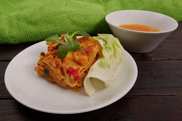 Lasagne with cauliflower on a table