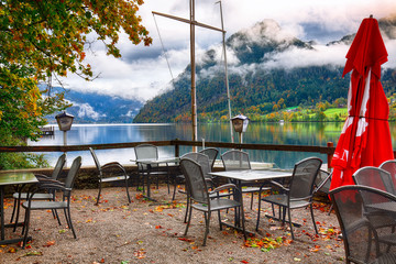 Autumn scene at small restaurant in Grundlsee lake.