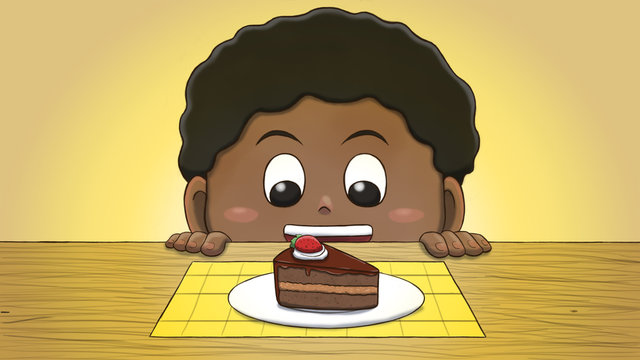 Close-up illustration of a black boy staring at a cake slice on the table.