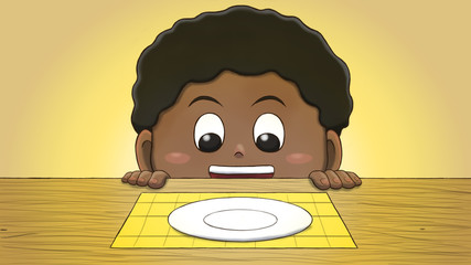 Close-up illustration of a black boy staring at an empty plate on the table.