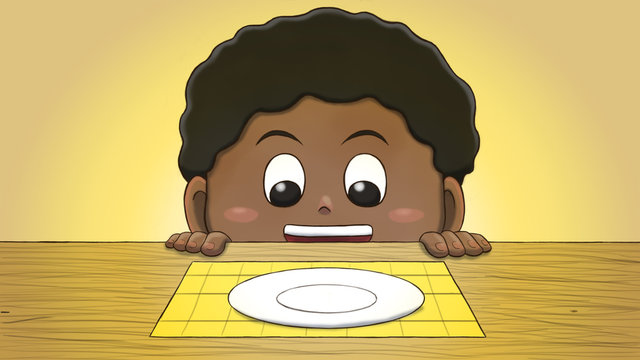 Close-up illustration of a black boy staring at an empty plate on the table.