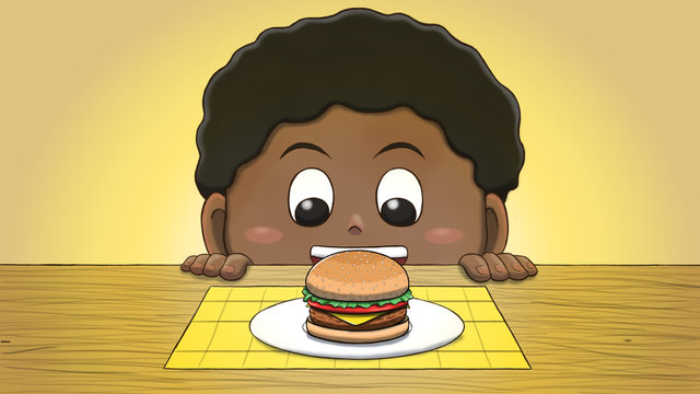Close-up illustration of a black boy staring at a hamburger on the table.