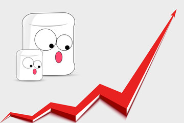 cartoon characters marshmallows looking with surprise at a red growing chart on a white background