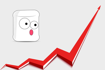 cartoon character marshmallow looks with surprise at a red growing chart on a white background