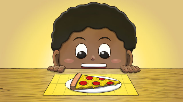 Close-up illustration of a black boy staring at a pizza slice on the table.