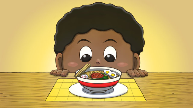 Close-up illustration of a black boy staring at a ramen on the table.