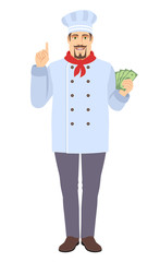 Chef with cash money pointing up