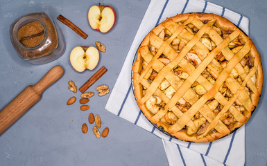 Apple pie tart with raisins, nuts and cinnamon. Traditional dessert for Independence Day in...