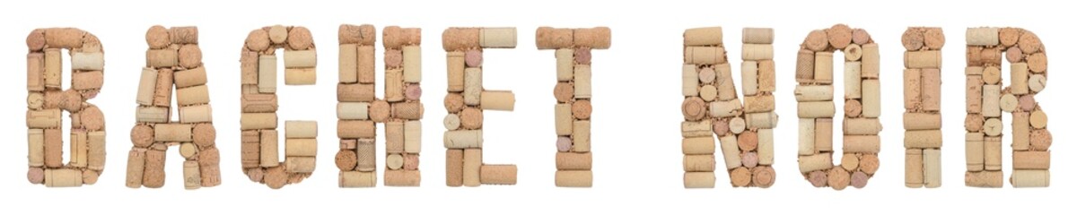 Grape variety Bachet Noir made of wine corks Isolated on white background