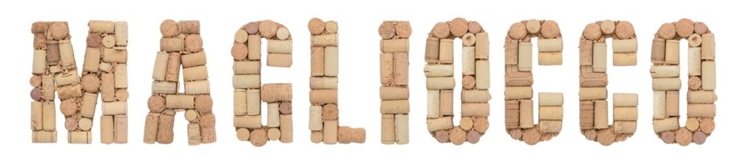 Grape variety Magliocco made of wine corks Isolated on white background