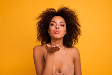 I love U! Close up portrait of lovely cute attractive romantic pretty charming confident afro woman...