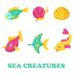 Bright set with sea fishes. Vector illustration