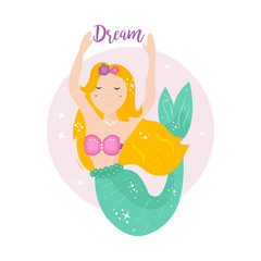 Cute cartoon mermaid with yellowhair.