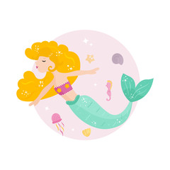 Cute cartoon mermaid with yellowhair.