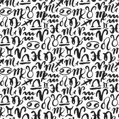 Zodiac signs seamless pattern. Hand drawn horoscope astrology symbols, grunge textured design, typography print, vector illustration