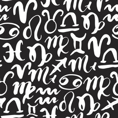 Zodiac signs seamless pattern. Hand drawn horoscope astrology symbols, grunge textured design, typography print, vector illustration