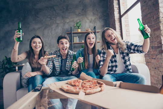 Yes, Yeah, Hooray! Cheerful Jouful Screaming Yelling Four Soccer Fans Having Day-off Resting Eating Takeaway Pizza And Drinking Beer