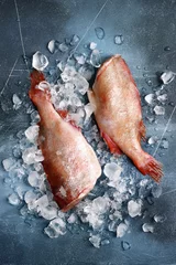 Velvet curtains Fish Whole raw organic fish sea perch on ice cubes.Top view with copy space.