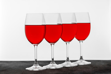 Many glasses of red french wine. Concept restaurant, alcohol, party.