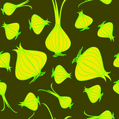 Seamless bright pattern with drawing of onions and feathers of different sizes. Vector illustration can be used for design of menus, cafes, textiles, posters and postcards.