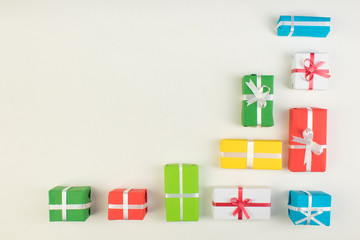 Gift boxes and colorful present for christmas on isolated white background. Top view with copy space.
