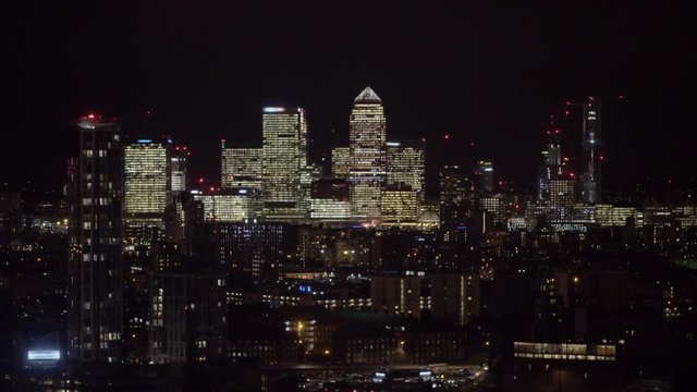 London's Canary Wharf at night shot from elevated south-east position.