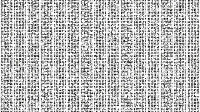 Blocks of random characters (encrypted data or source code) scrolling down on a computer screen. Slow movement, black on white.
