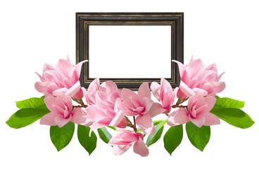 Pink magnolia flowers and photo frame isolated on white background