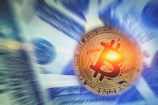 Bitcoin with glitch effect on dollar background, motion blur effect. Golden Bitcoin coin - symbol of crypto currency