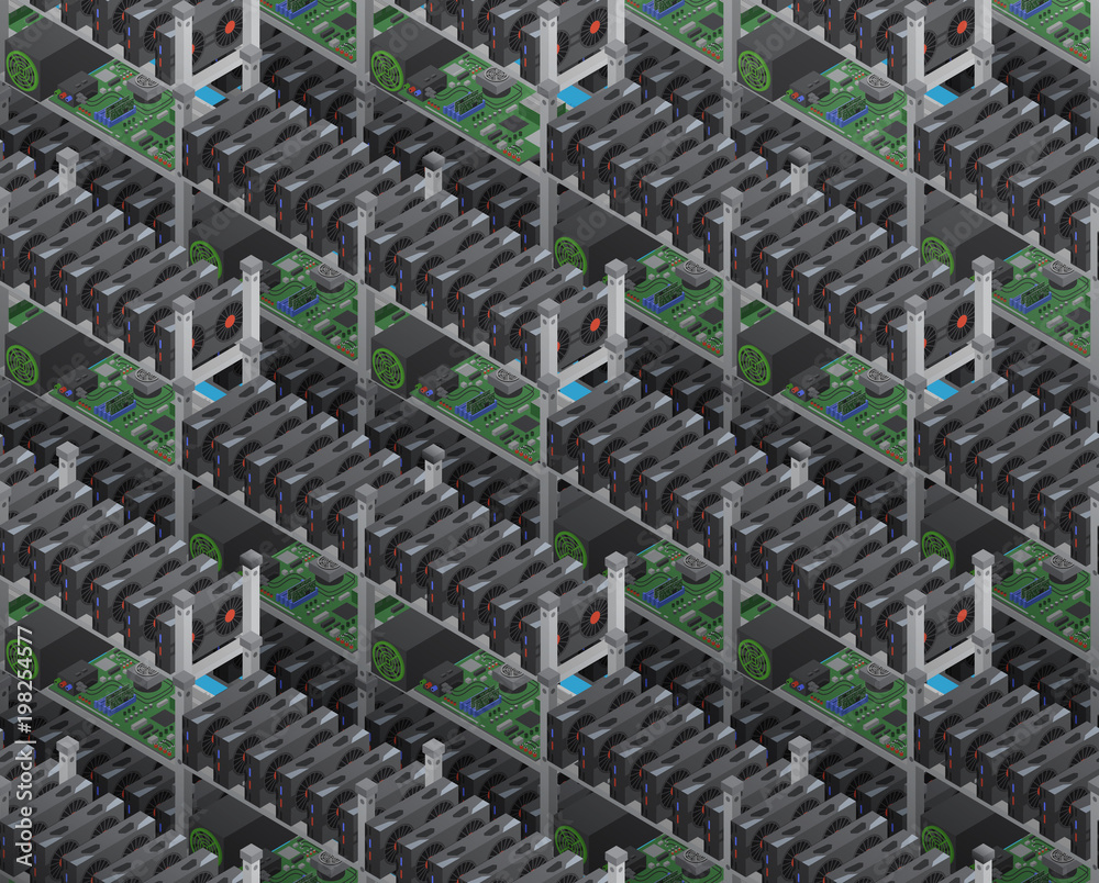 Poster Isometric vector crypto currency mining farms seamless pattern.