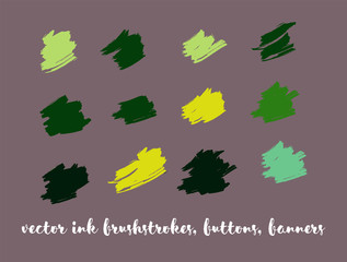 Natural Hand Painted Vector Button Set. Graffiti Logo, Paint Brush Stroke. Trendy Artistic Ads Button, Graffiti Paintbrush Doodles. Natural Concept Vector Banner Set. Ink Splash and Backgrounds