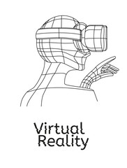 Vr poster. Man in virtual reality headset pointing with his hand in the direction of 3d projection. Linear objects and elements. Profile view of the person. Virtual reality world and simulation.
