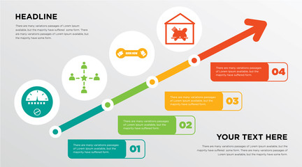 electric meter, customer experience, book now, hospitality growing horizontal presentation design template in green, red and yellow, grow up business infographics with icons
