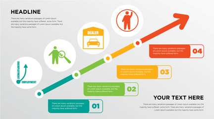 unemployment, symptoms, dealer, participation growing horizontal presentation design template in green, red and yellow, grow up business infographics with icons