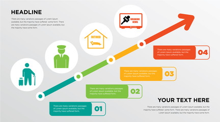 retire, veteran, reti, breaking news growing horizontal presentation design template in green, red and yellow, grow up business infographics with icons