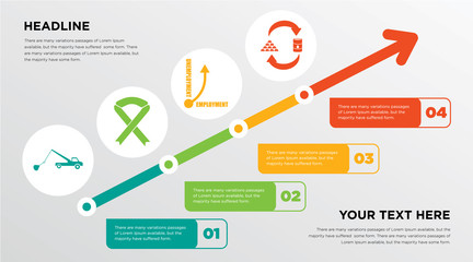 tow truck, breast cancer ribbon, unemployment, commodities growing horizontal presentation design template in green, red and yellow, grow up business infographics with icons