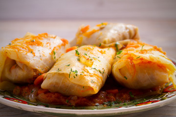 Cabbage rolls with meat, rice and vegetables. Stuffed cabbage leaves with meat. Chou farci, dolma, sarma, golubtsy or golabki