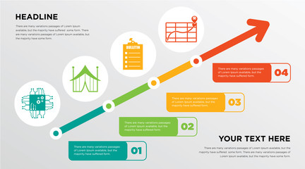sem, marquee, bulletin, store locator growing horizontal presentation design template in green, red and yellow, grow up business infographics with icons