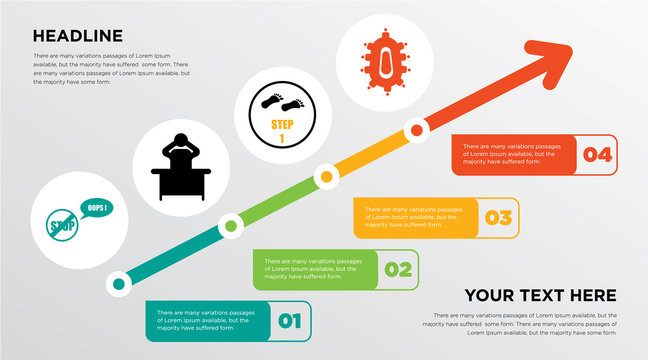 oops, frustration, step 1, meeting room growing horizontal presentation design template in green, red and yellow, grow up business infographics with icons