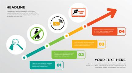 cholesterol, abortion, video call, breaking news growing horizontal presentation design template in green, red and yellow, grow up business infographics with icons